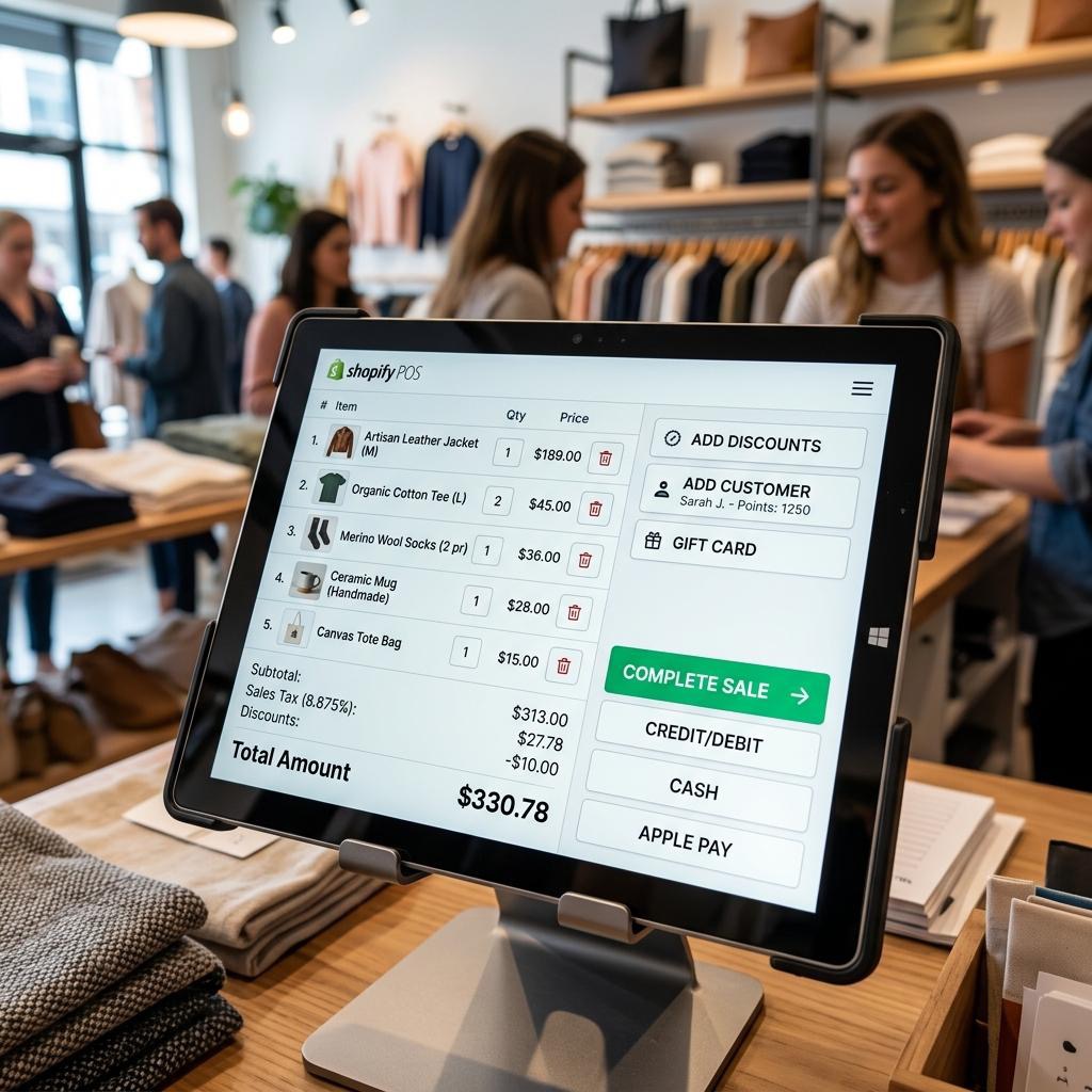 Tablet point-of-sale checkout screen in a busy retail store