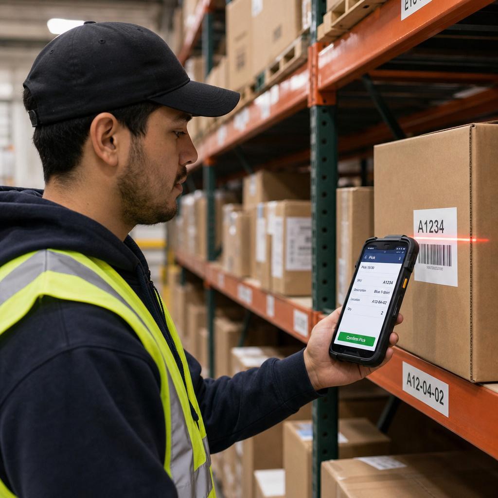 Warehouse staff member scanning a barcode with the Vabnix staff mobile app