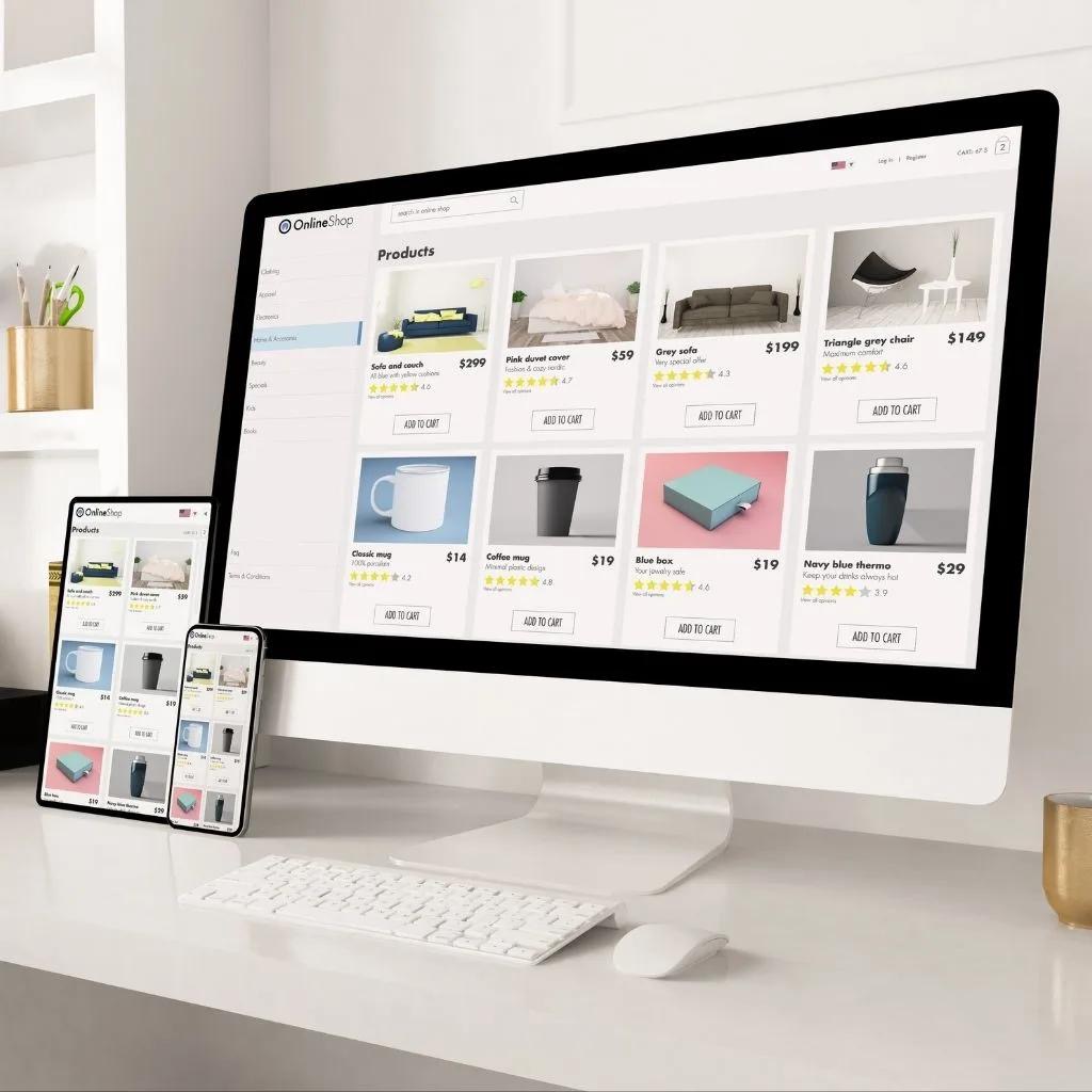 Online ordering website with product catalog and cart shown on desktop, tablet and phone