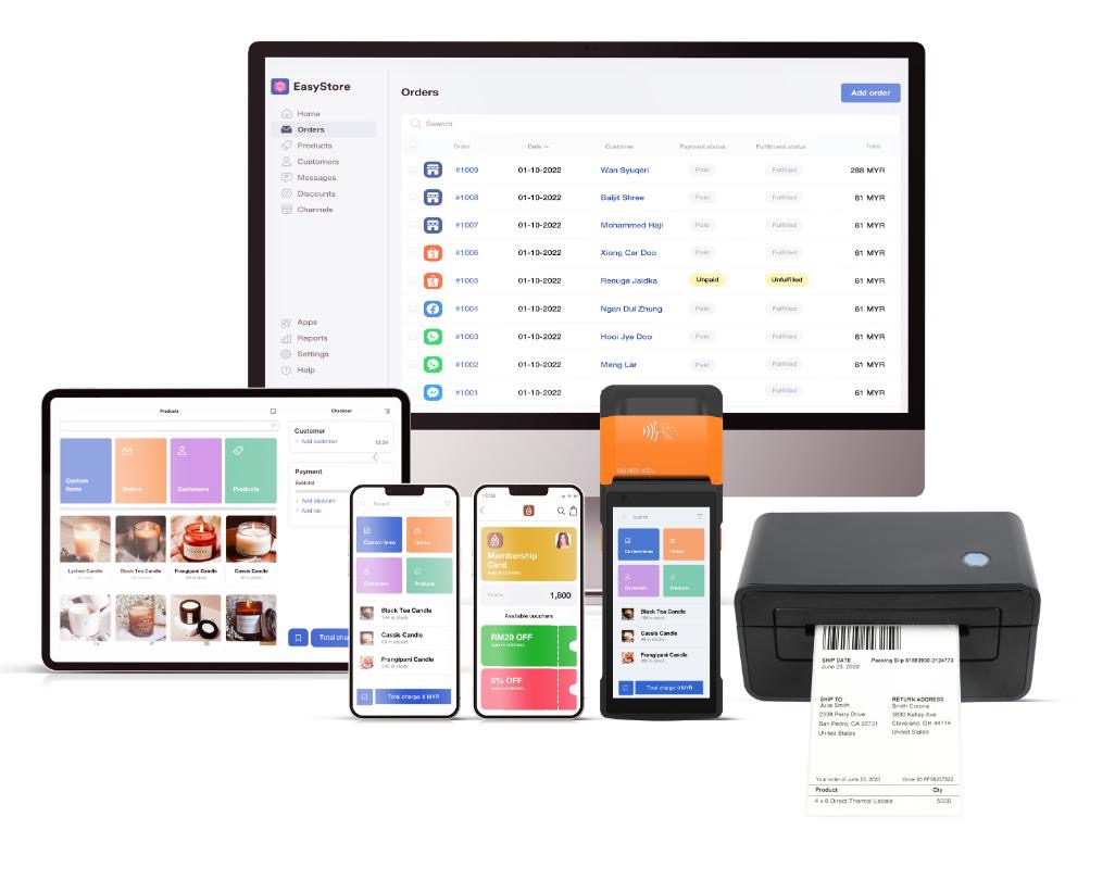 Mobile ordering and store management apps running on phones, tablet, card terminal and desktop
